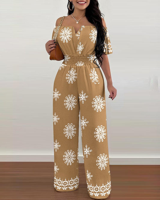 Floral Print Off the Shoulder Short Sleeve Shirred Jumpsuit Casual Waist Boho Romper