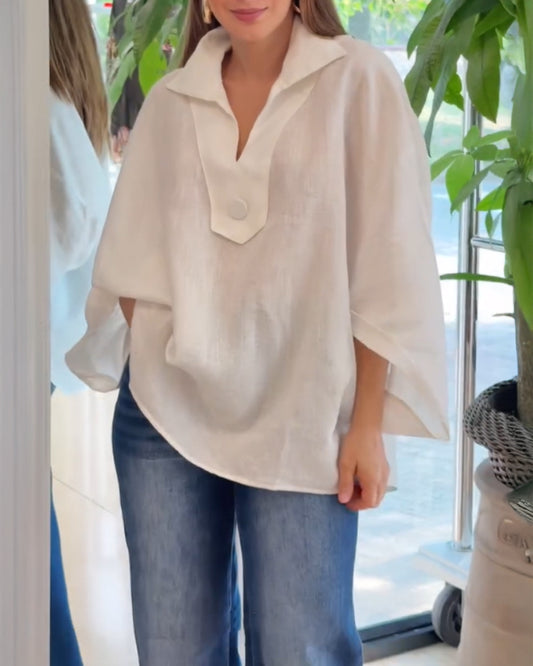 V Neck Batwing Sleeve Button Decor Loose Linen Texture Casual Top