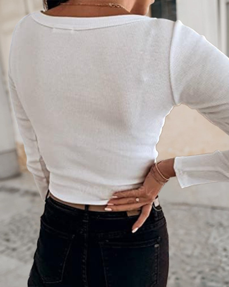 V Neck Long Sleeve Slim Fit Ribbed T Shirt Casual Basic Knit Top