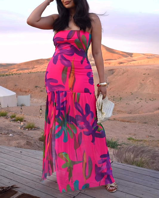 Tropical Floral Print Bandeau Maxi Dress Casual Sheer Mesh Patch Slit Dress