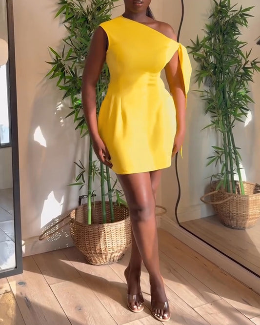 One Shoulder Tied Detail Bodycon Dress Casual Slim Fit Mini Dress