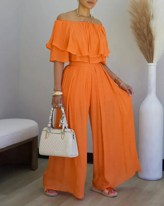 2 Pieces Outfit Off Shoulder Ruffles Crop Top and Casual High Waist Wide Leg Pants Set