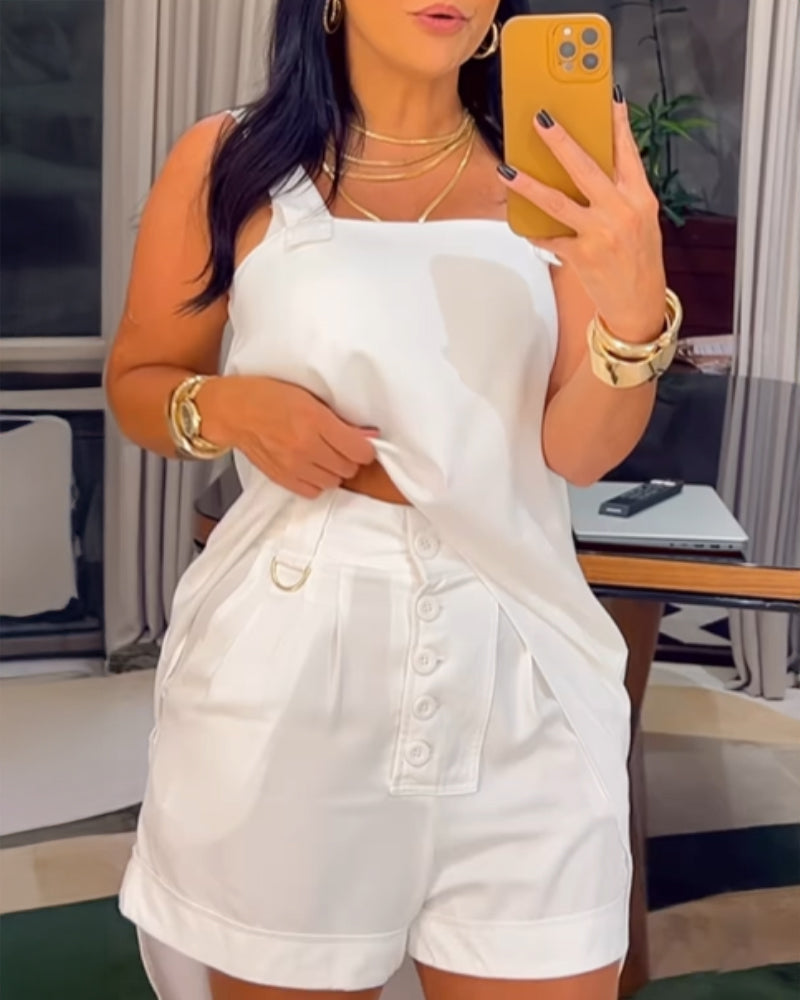 Square Neck Thick Strap Asymmetrical Top and Button Shorts Set with Pocket