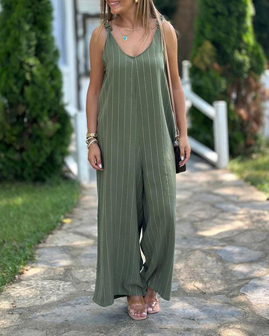 Striped Print V Neck Shoulder Tied Detail Jumpsuit Casual Wide Leg Loose Fit Romper
