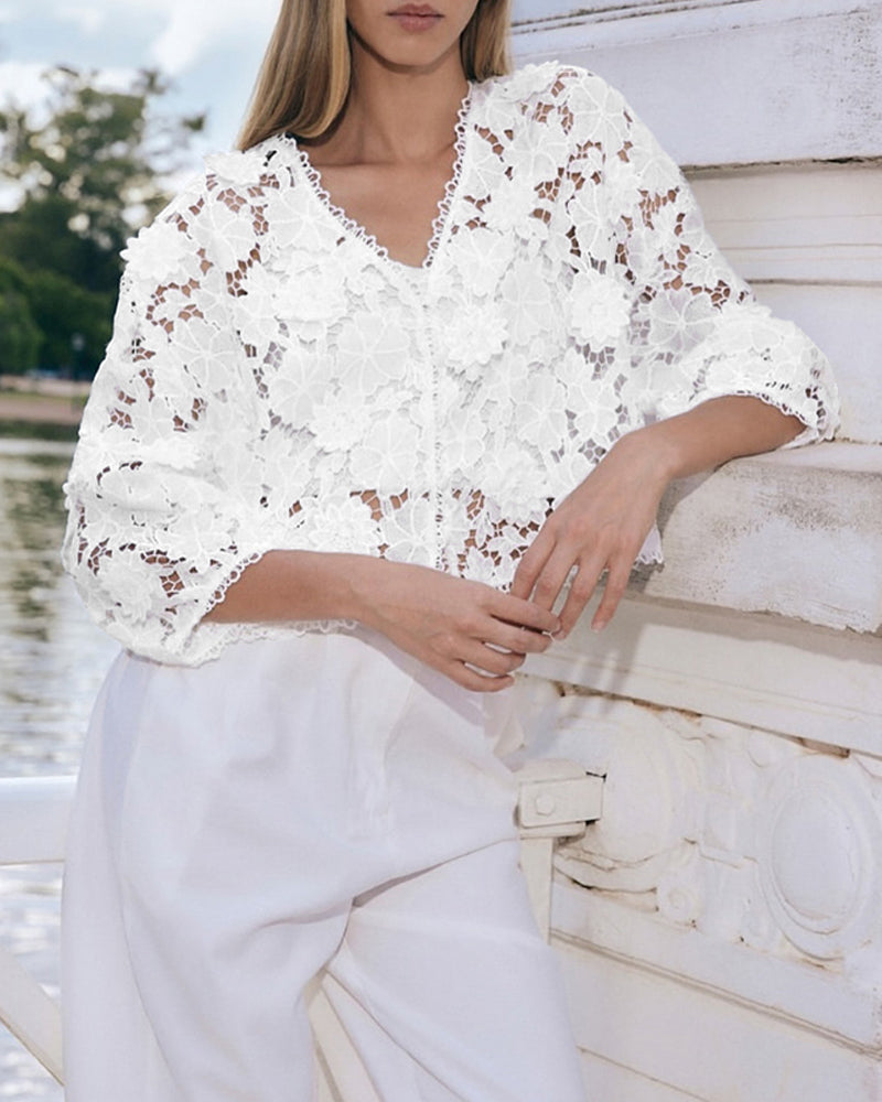 3D Flower Hollow Out Lace Trim V Neck Blouse Casual Loose Fit Top