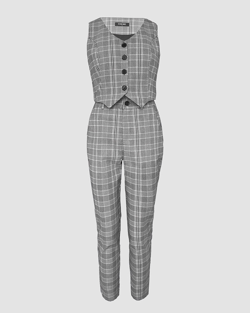 2 Pieces Plaid Print V Neck Button Front Sleeveless Tank with Lining and Casua Strechy Waist Pocket Design Slim Fit Pants Set