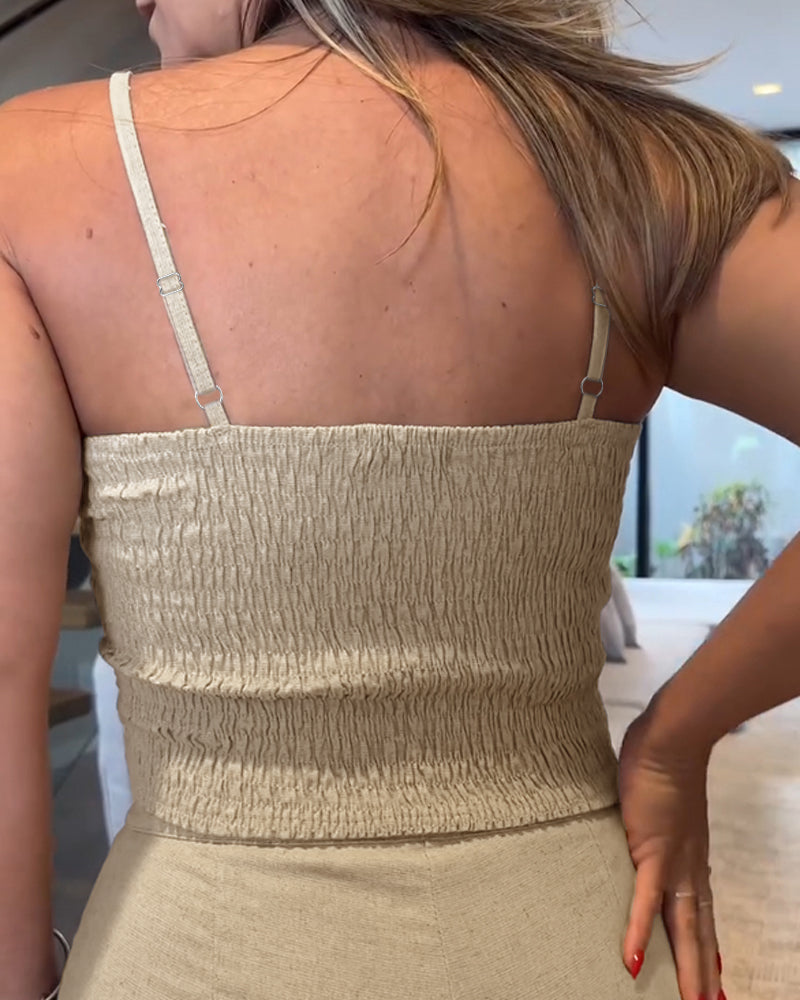 2 Pieces Outfit Shoulder Strap Shirred Sim Fit Tank and Pocket Design Skinny Shorts Set