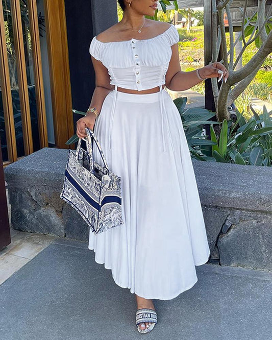 2 Pieces Outfit Off the Shoulder Ruched Drastring Top and Casual High Waist A Line Loose Flared Skirt Set