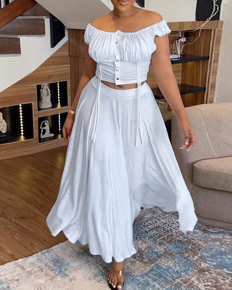 2 Pieces Outfit Off the Shoulder Ruched Drastring Top and Casual High Waist A Line Loose Flared Skirt Set