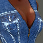 Denim Look Print Zipper Design Bodysuit
