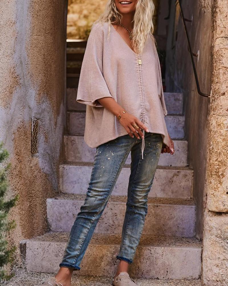 V Neck Three Quarters Sleeve Sweater Casual Loose Drawstring Knit Top