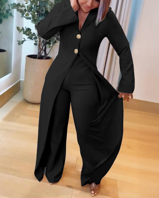 Notched Collar Long Sleeve Button Front Jumpsuit Casual Cinched Waist Wide Leg Faux Two Piece Jumpsuit