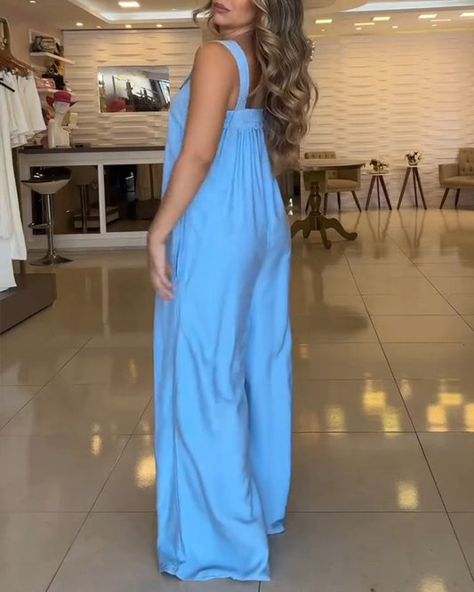 Bandeau Button Decor Spaghetti Strap Jumpsuit Casual Pocket Design Loose Fit Overall