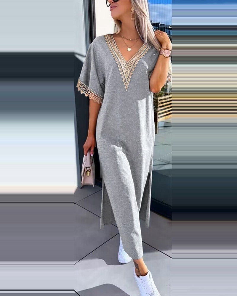 Lace Trim V Neck Slit Casual Dress