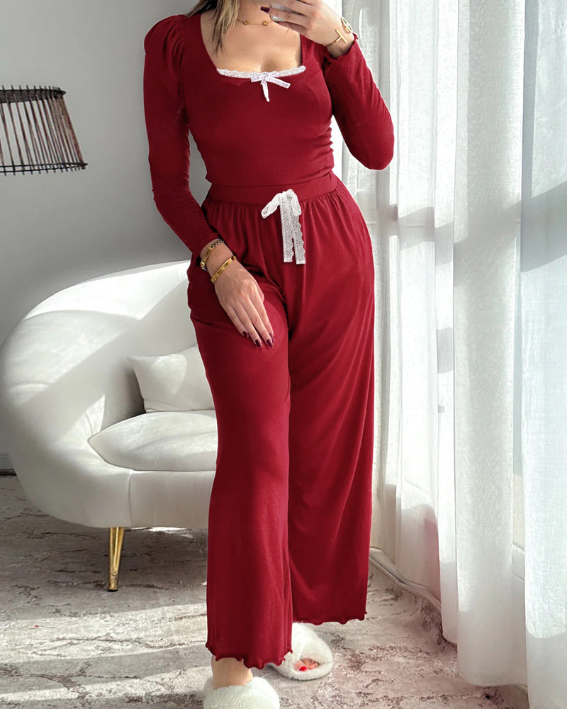 2 Pieces Outfit Frill Hem Long Sleeve Crop Top and Heart Pattern Drawstring Pants Pajamas Set
