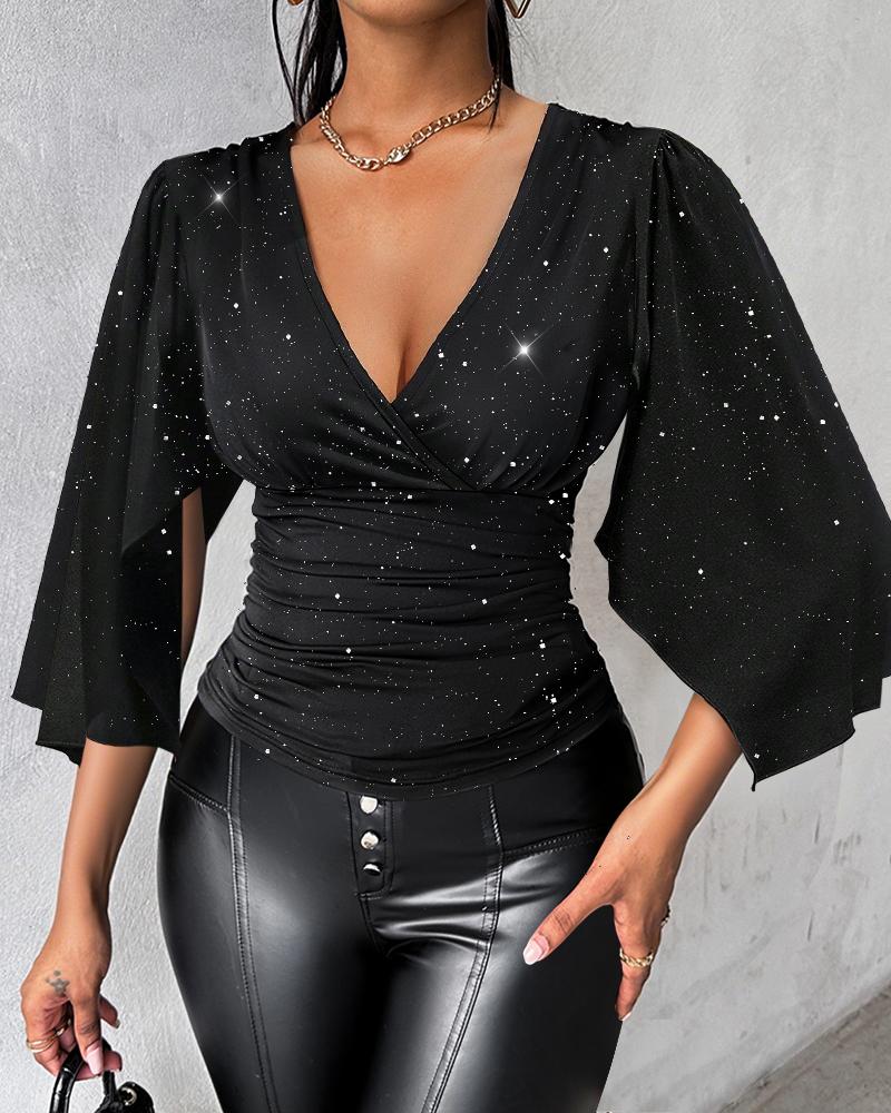 Plunge Bell Sleeve Chic Allover Sequin Asymmetrical Top