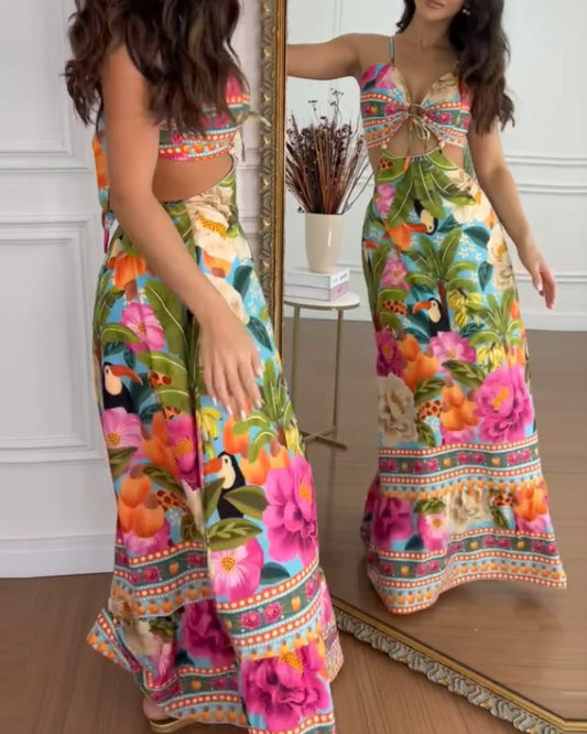 Floarl Print V Neck Lace Up Hollow Out Vaction Dress Casual A Line Tied Detail Backless Maxi Dress