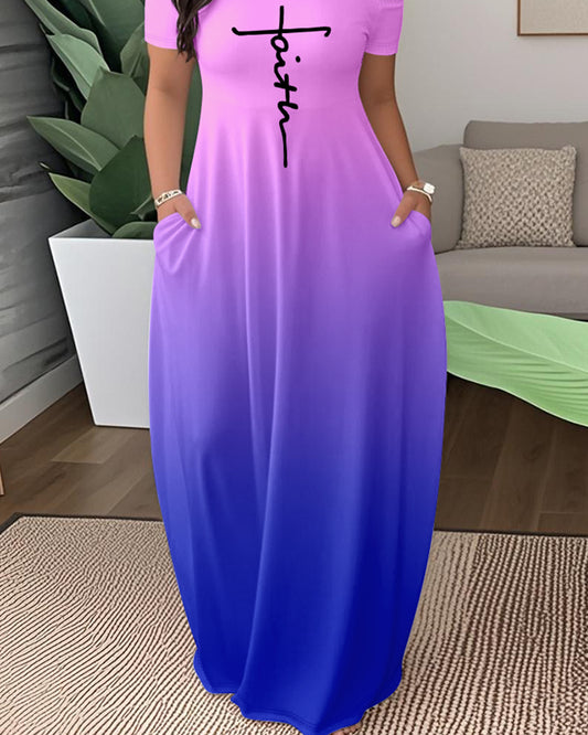 Faith Print Tie Dye Off the Shoulder Short Sleeve Elegant Maxi Dress with Pocket