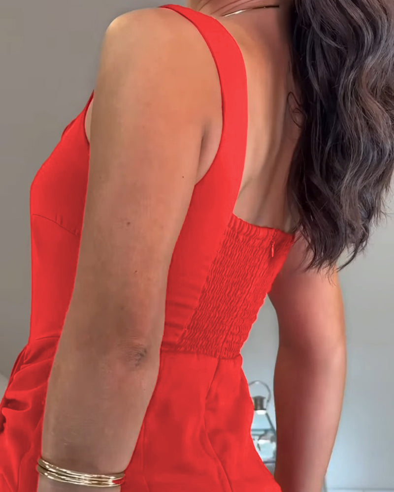 Square Neck Sleeveless Asymmetrical Dress Chic Ruched Mini Dress