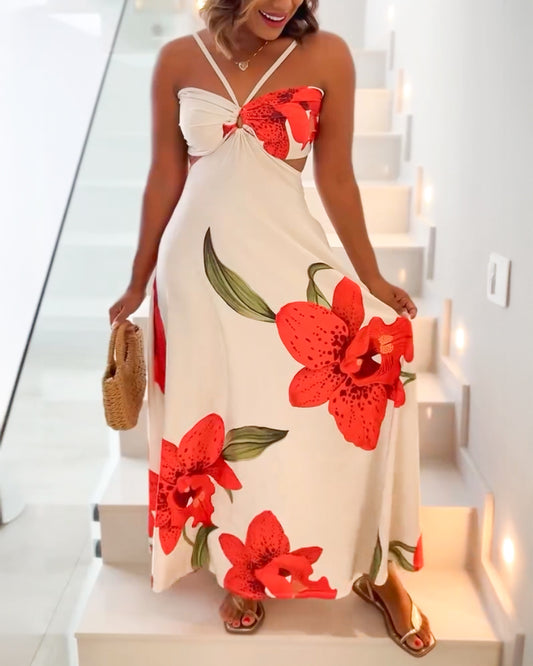 Floral Print Halter Sleeveless Front Hollow out Maxi Dress