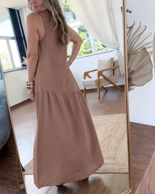 U Neck Thick Strap Sleeveless Ruffle Hem Straight Maxi Dress