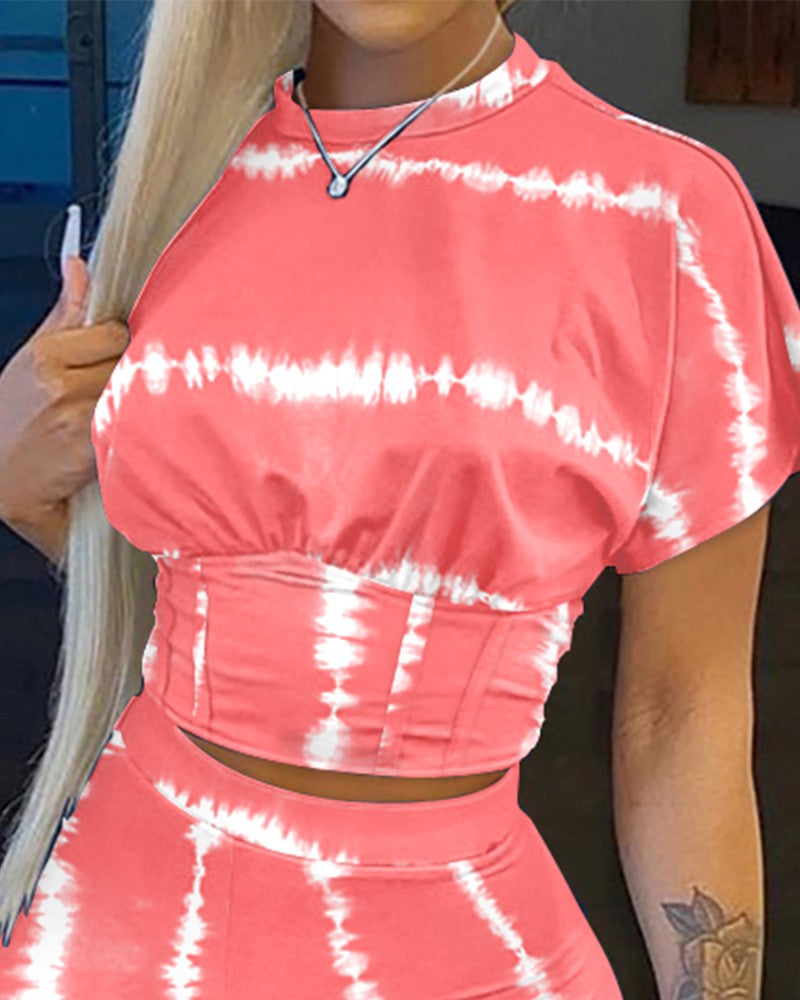 Tie Dye Print Corset Design Crop Top & Shorts Set