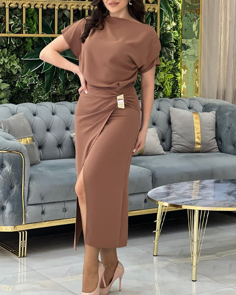 Skew Neck Short Sleeve Tied Detail Slit Dress