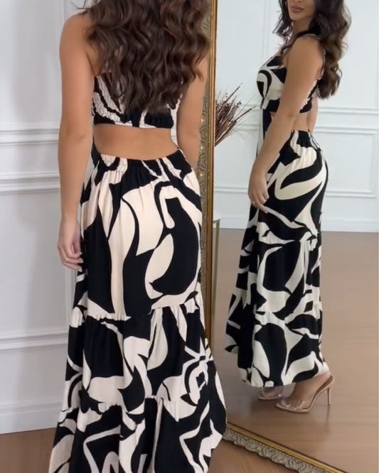Abstract Print Spaghetti Strap Maxi Dress Casual Hollow Out Ruffles Hem Dress