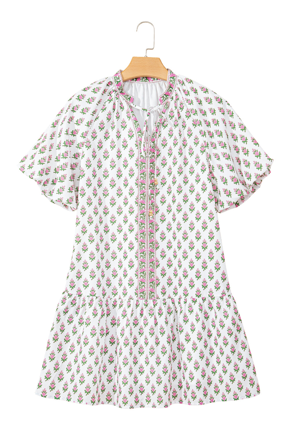 Pink Floral Print Bubble Sleeve Neck Tie Ruffled Dress