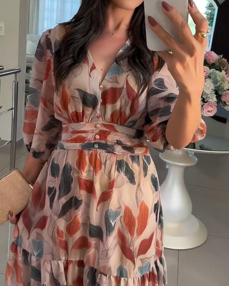 Plants Print V Neck Puff Sleeve Maxi Dress