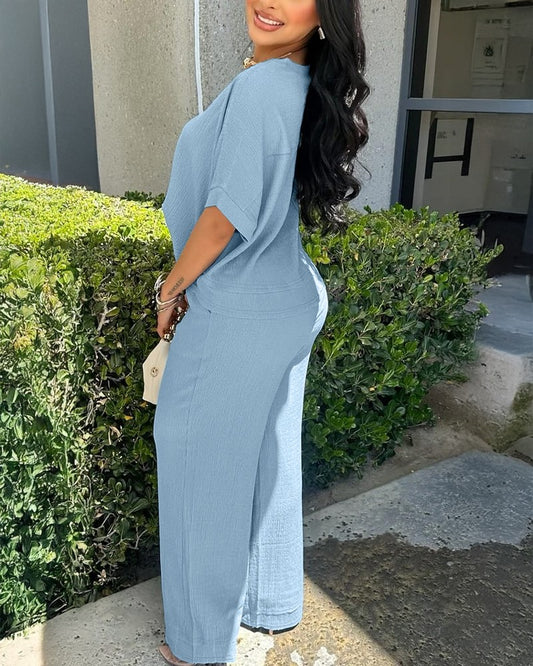 V Neck Short Sleeve Ruched Top and Wide Leg Drawstring Pants Sets