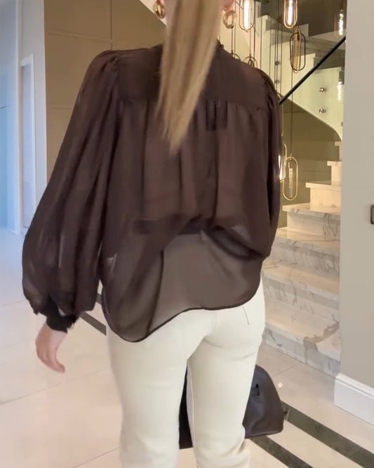 Tie Neck Lantern Sleeve Casual Blouses