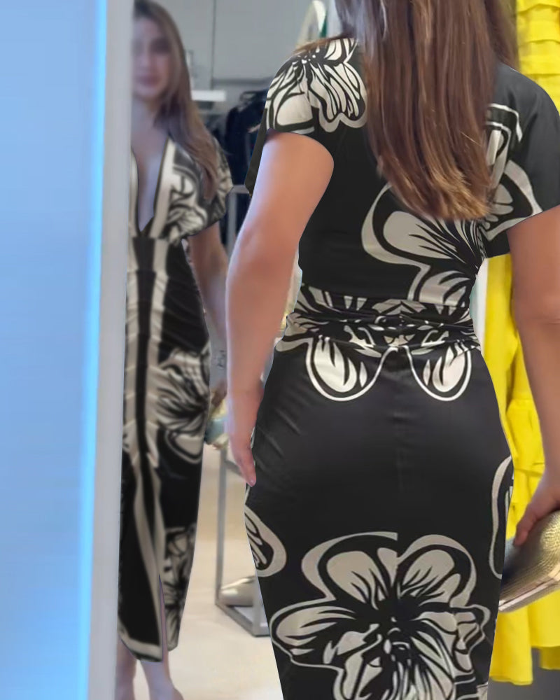 Floral Print V Neck Short Sleeve Ruched Dress Casual Waist Slit Midi Dress