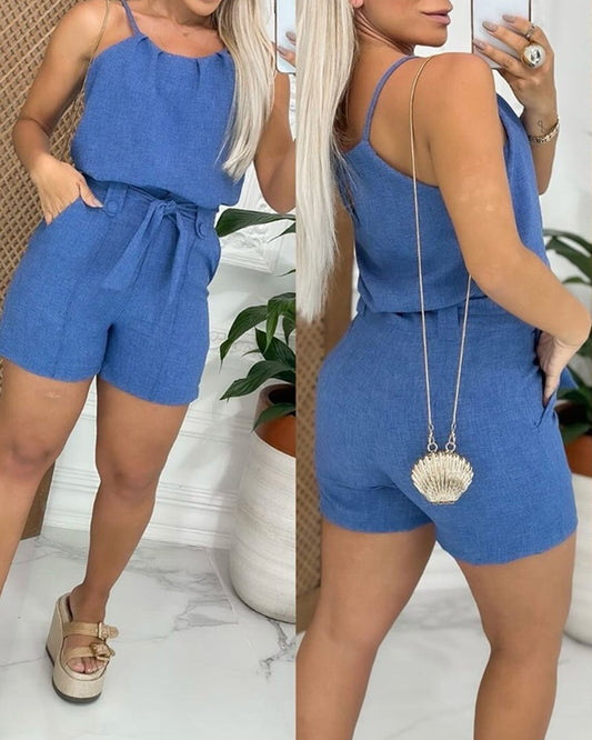 2 Piece Round Neck Sleeveless Top Tied Detail Above Knee Pants Casual Pants Set