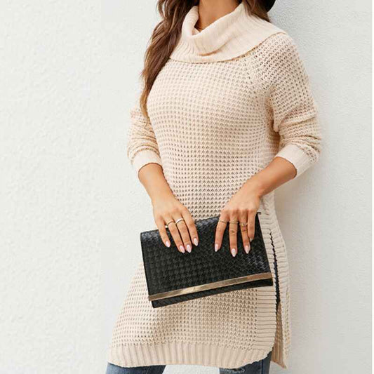Beige-Womens-Turtleneck-Long-Sleeve-Tunic-Sweater-Oversized-Chunky-Knit-Pullover-Jumper-Tops-K607-Front-3