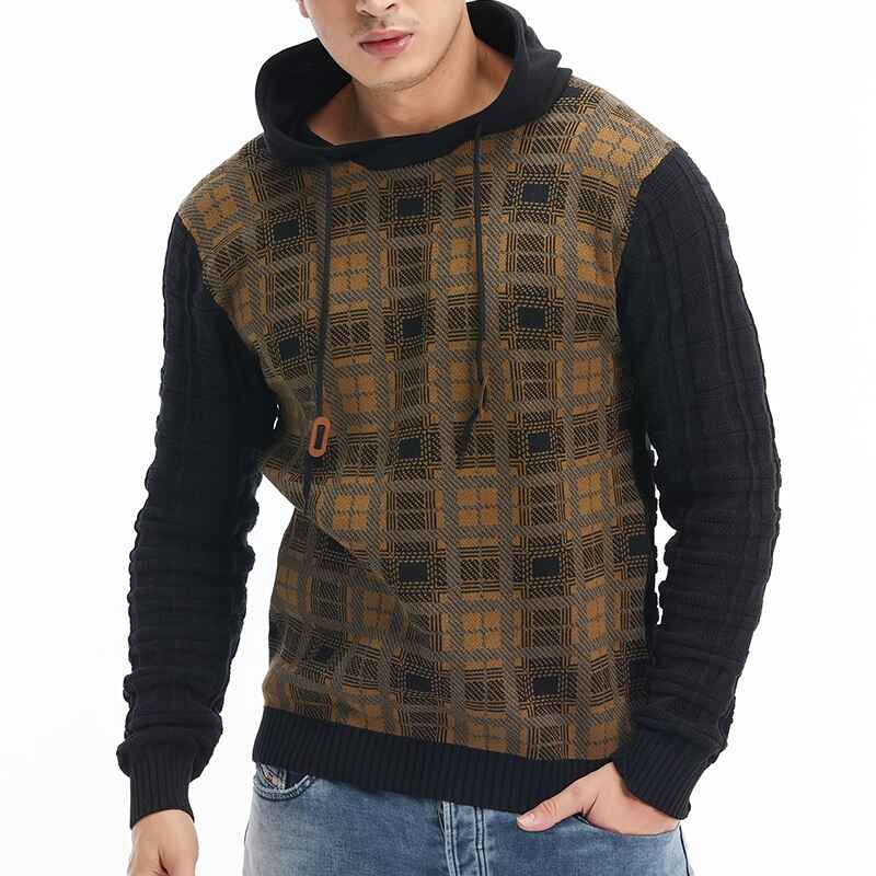     Black-Mens-Slim-Checkered-Long-Sleeve-Hooded-Sweater-With-Drawstring-Best-Sellers-G093-Front