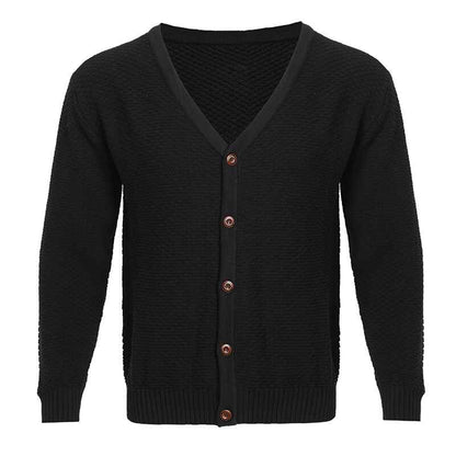    Black-Mens-V-neck-Button-Up-Cardigan-Casual-Texture-Pattern-Slightly-Stretch-Sweater-For-Spring-Fall-G104-Front