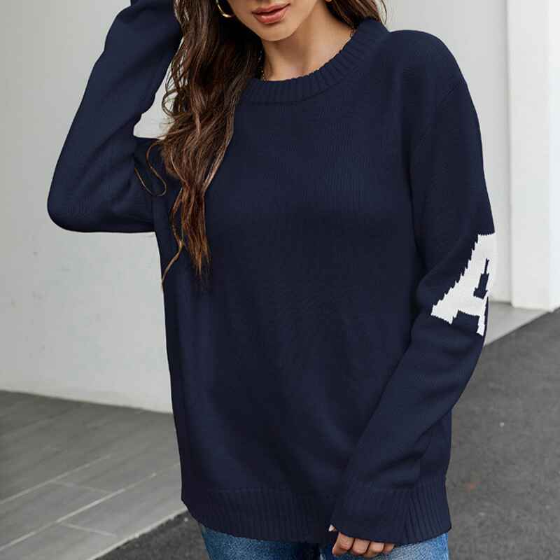 Dark-Blue-Womens-Crew-Neck-Sweaters-Long-Sleeve-Pullover-Knitted-Casual-Comfy-Jumper-Tops-K581-Front