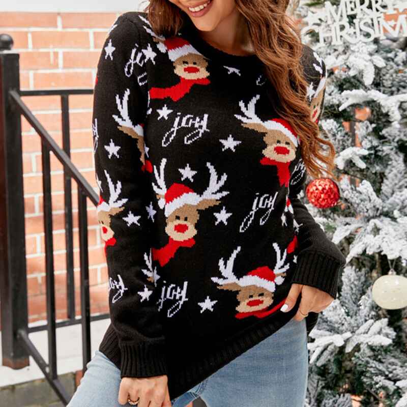 Black-Womens-Oversized-Pullover-Cute-Ugly-Christmas-Sweater-K614