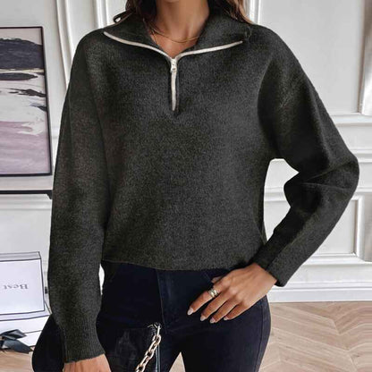 Black-Womens-lapel-long-sleeved-sweater-solid-color-loose-zipper-pullover-sweater-k642