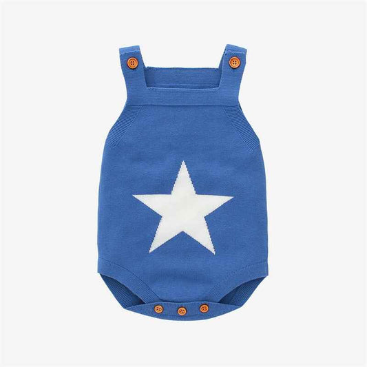 Blue-Romper-Sleeveless-Strap-Knit-Stars-Print-Bodysuit-Jumpsuit-Infant-Independence-Day-Outfit-A030-Front