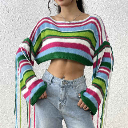 Blue-Womens-rainbow-striped-tassel-sweater-ultra-short-navel-baring-loose-sweater-k637