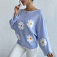 Blue-Womens-round-neck-loose-bat-sleeves-sweater-embroidered-flower-pullover-k632
