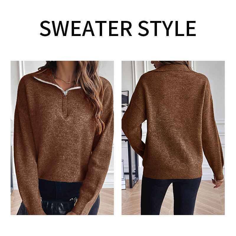 Brown-Womens-lapel-long-sleeved-sweater-solid-color-loose-zipper-pullover-sweater-k642-Detail
