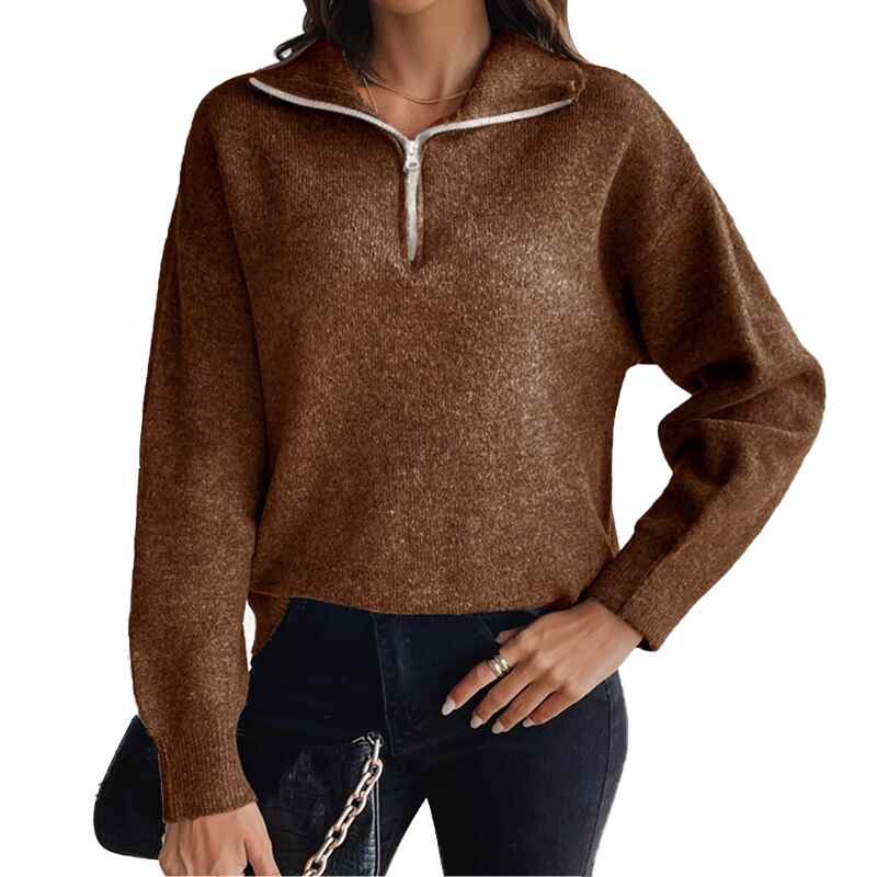 Brown-Womens-lapel-long-sleeved-sweater-solid-color-loose-zipper-pullover-sweater-k642