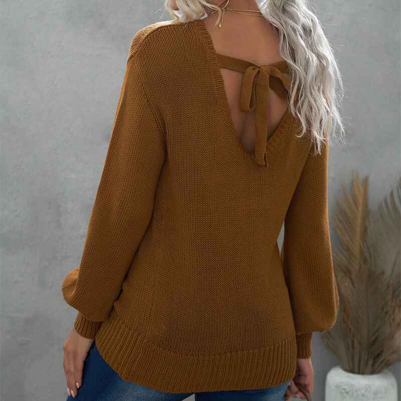    Coffee-New-style-back-hollow-tie-knitted-sweater-loose-round-neck-drop-shoulder-long-sleeve-top-K569-Back