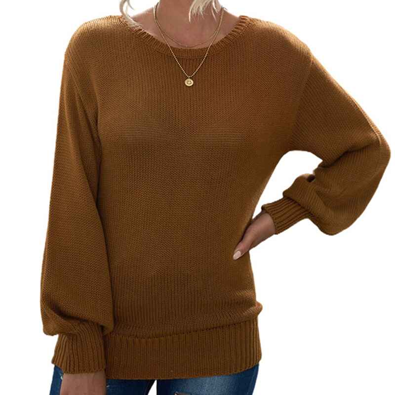 Coffee-New-style-back-hollow-tie-knitted-sweater-loose-round-neck-drop-shoulder-long-sleeve-top-K569-Front