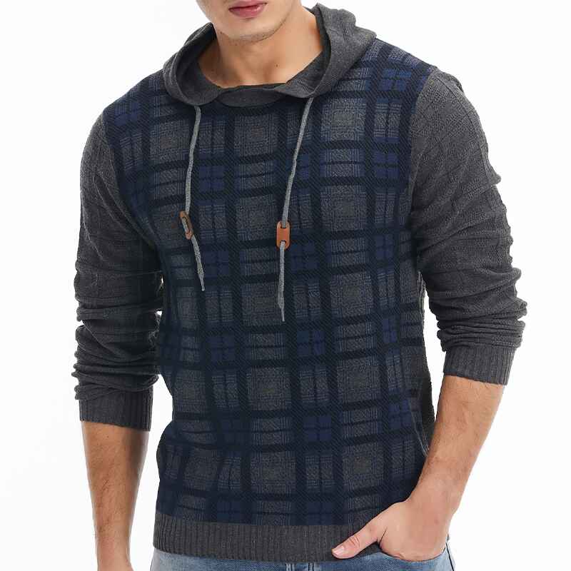    Dark-Grey-Mens-Slim-Checkered-Long-Sleeve-Hooded-Sweater-With-Drawstring-Best-Sellers-G093-Front