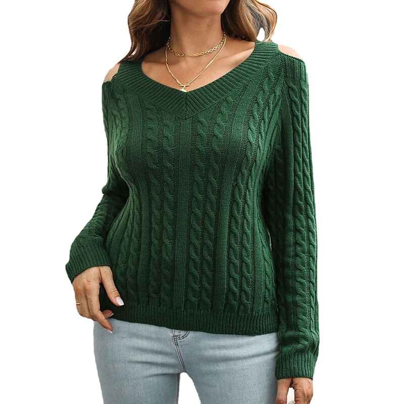     Green-Womens-Cold-Shoulder-Choker-Long-Sleeve-Sweater-Solid-Casual-Knitted-Pullover-Jumper-Tops-K623-White-Background