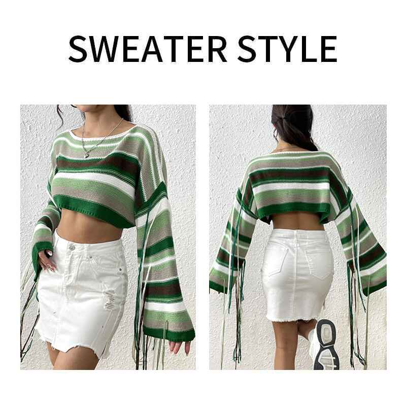 Green-Womens-rainbow-striped-tassel-sweater-ultra-short-navel-baring-loose-sweater-k637-Detail